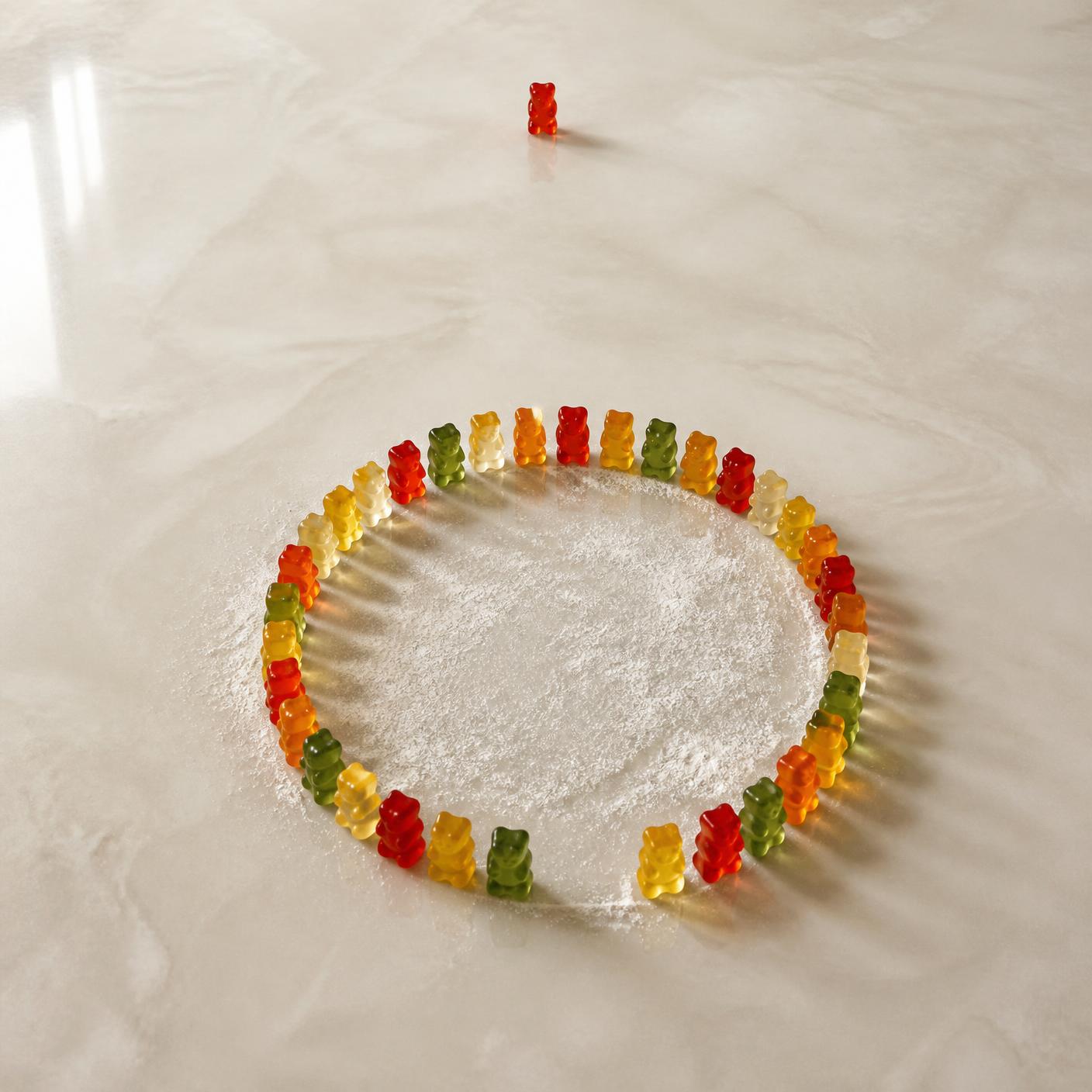 A circle of gummy bears formed on a marble surface, with one lone red gummy bear standing apart at the top